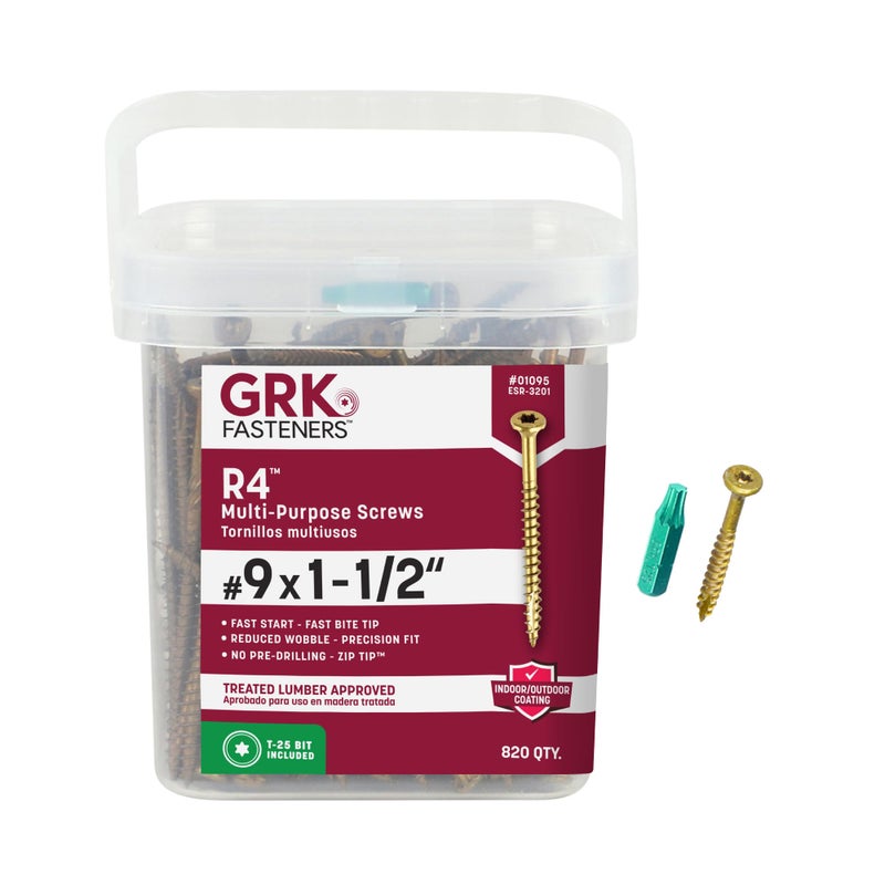 GRK Fasteners R4#9 x 1-1/2 Inch, Multi-Purpose Framing Screws, 820 PCS, Rust Resistant Climatek Coating, Outdoor Fencing and Deck Screws, Fast Bite Tip, Star Drive Recess, T-25 Bit Included, Gold - Image 1